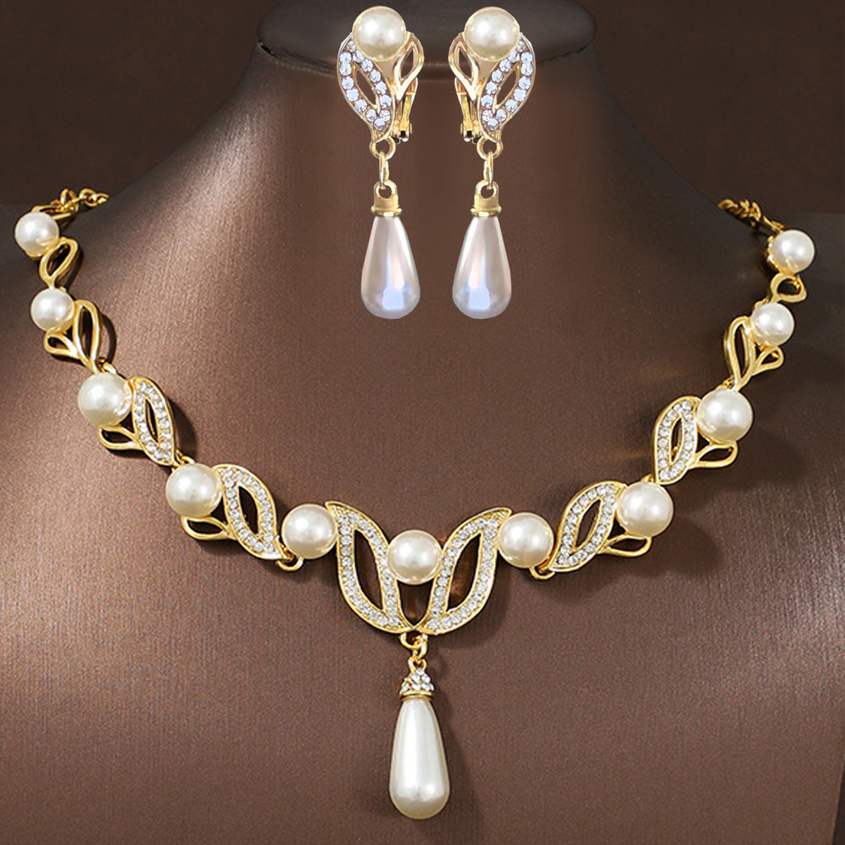Pearl Jewelry Set for Women – Leaf-Shaped Teardrop Pearl Necklace & Earrings, Bridal Jewelry Set
