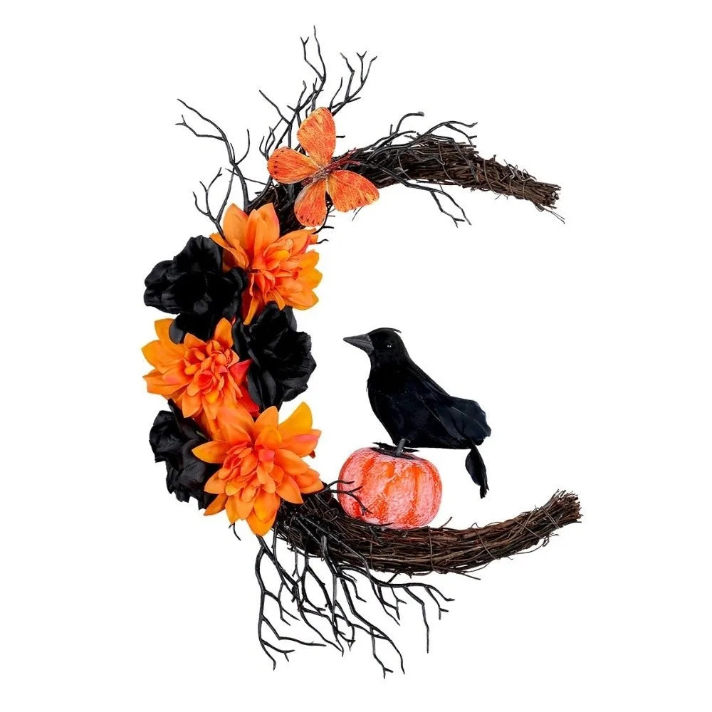 Gothic Halloween Moon Garland – Witch, Cat & Crow Door Decoration
