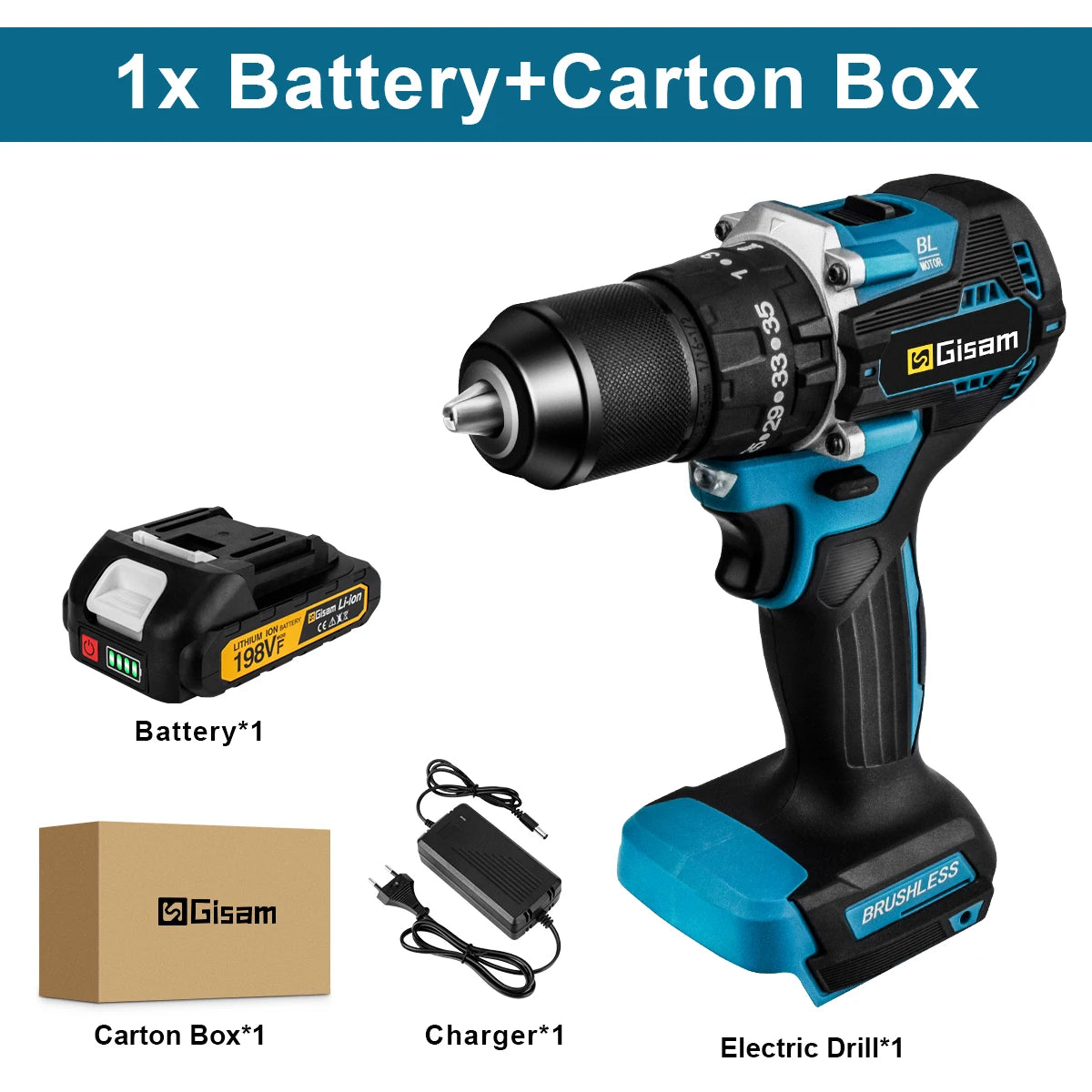 🔧 Gisam 18V Brushless Cordless Drill – 65N·m Torque, 13mm Chuck & 35+3 Settings