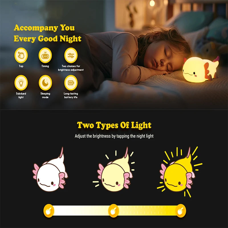 🦎 Cute Axolotl Silicone Night Light – Touch-Control LED Lamp with Rechargeable Battery
