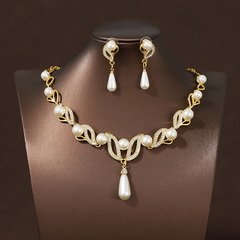 Pearl Jewelry Set for Women – Leaf-Shaped Teardrop Pearl Necklace & Earrings, Bridal Jewelry Set