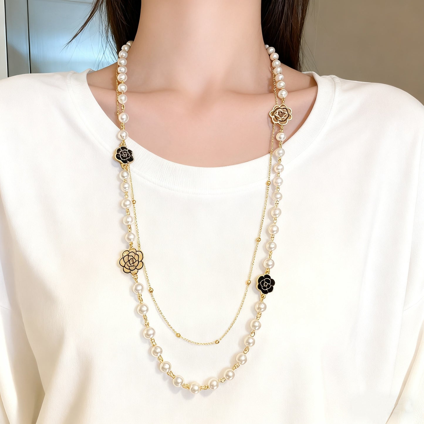 Long Layered Pearl Necklace for Women – Light Luxury Sweater Chain for Autumn & Winter