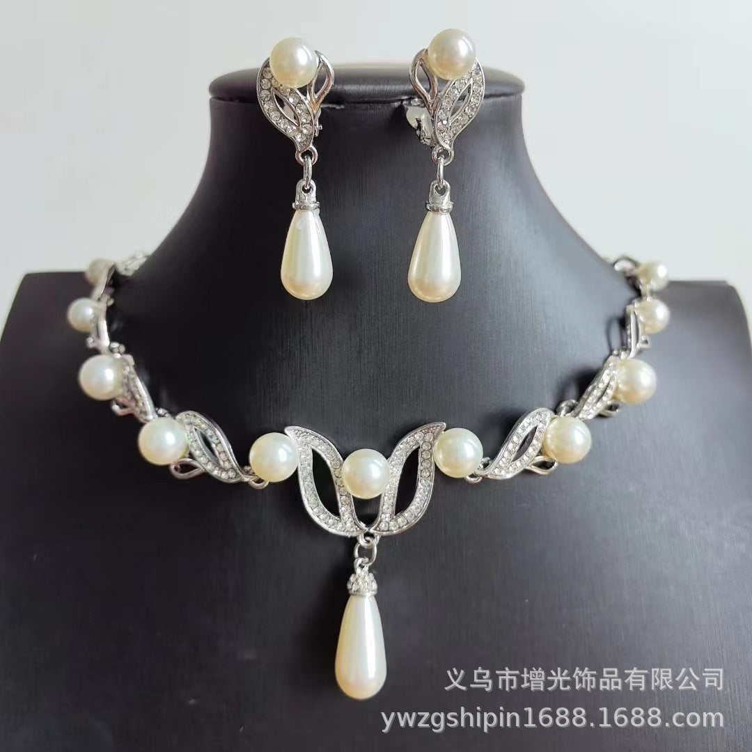 Pearl Jewelry Set for Women – Leaf-Shaped Teardrop Pearl Necklace & Earrings, Bridal Jewelry Set