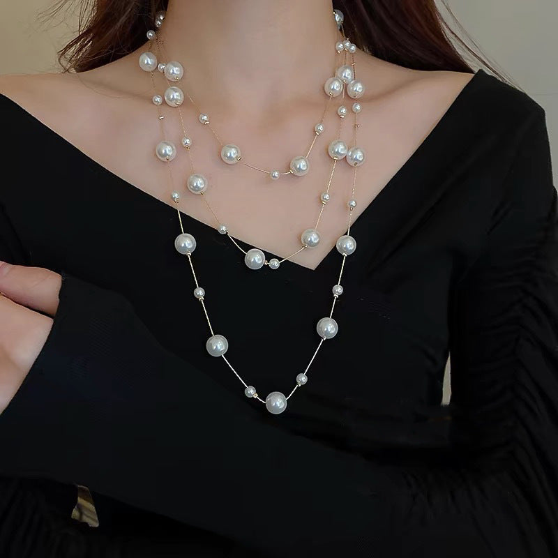 Long Layered Pearl Necklace for Women – Light Luxury Sweater Chain for Autumn & Winter