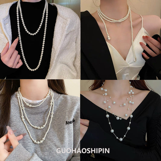 Long Layered Pearl Necklace for Women – Light Luxury Sweater Chain for Autumn & Winter