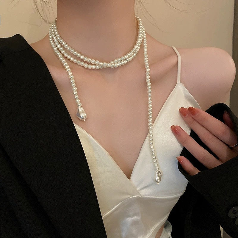 Long Layered Pearl Necklace for Women – Light Luxury Sweater Chain for Autumn & Winter