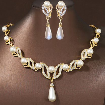 Pearl Jewelry Set for Women – Leaf-Shaped Teardrop Pearl Necklace & Earrings, Bridal Jewelry Set