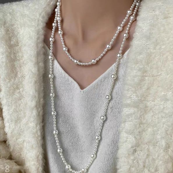 Long Layered Pearl Necklace for Women – Light Luxury Sweater Chain for Autumn & Winter