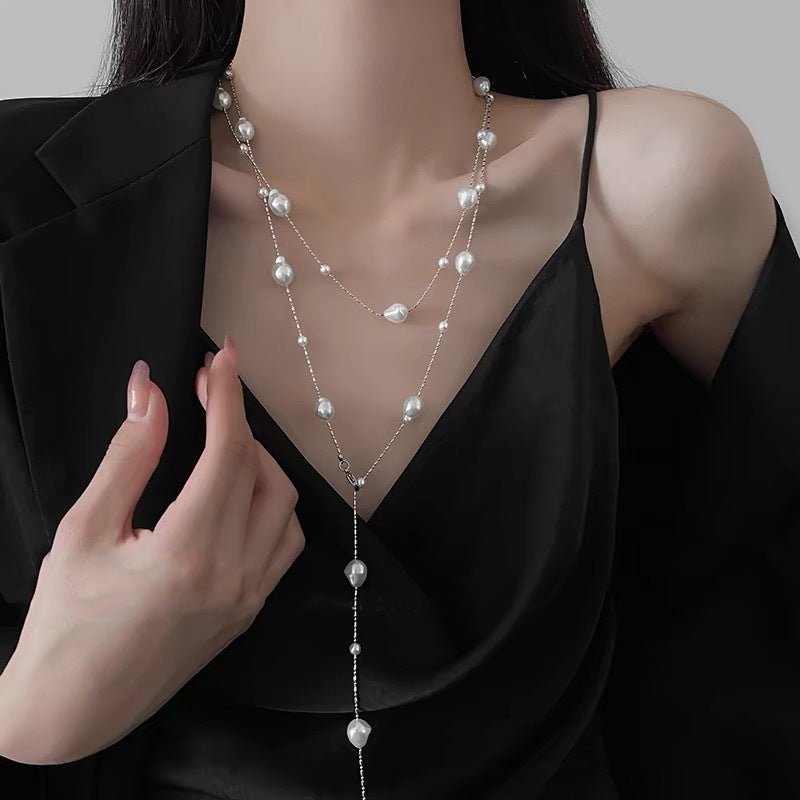 Long Layered Pearl Necklace for Women – Light Luxury Sweater Chain for Autumn & Winter