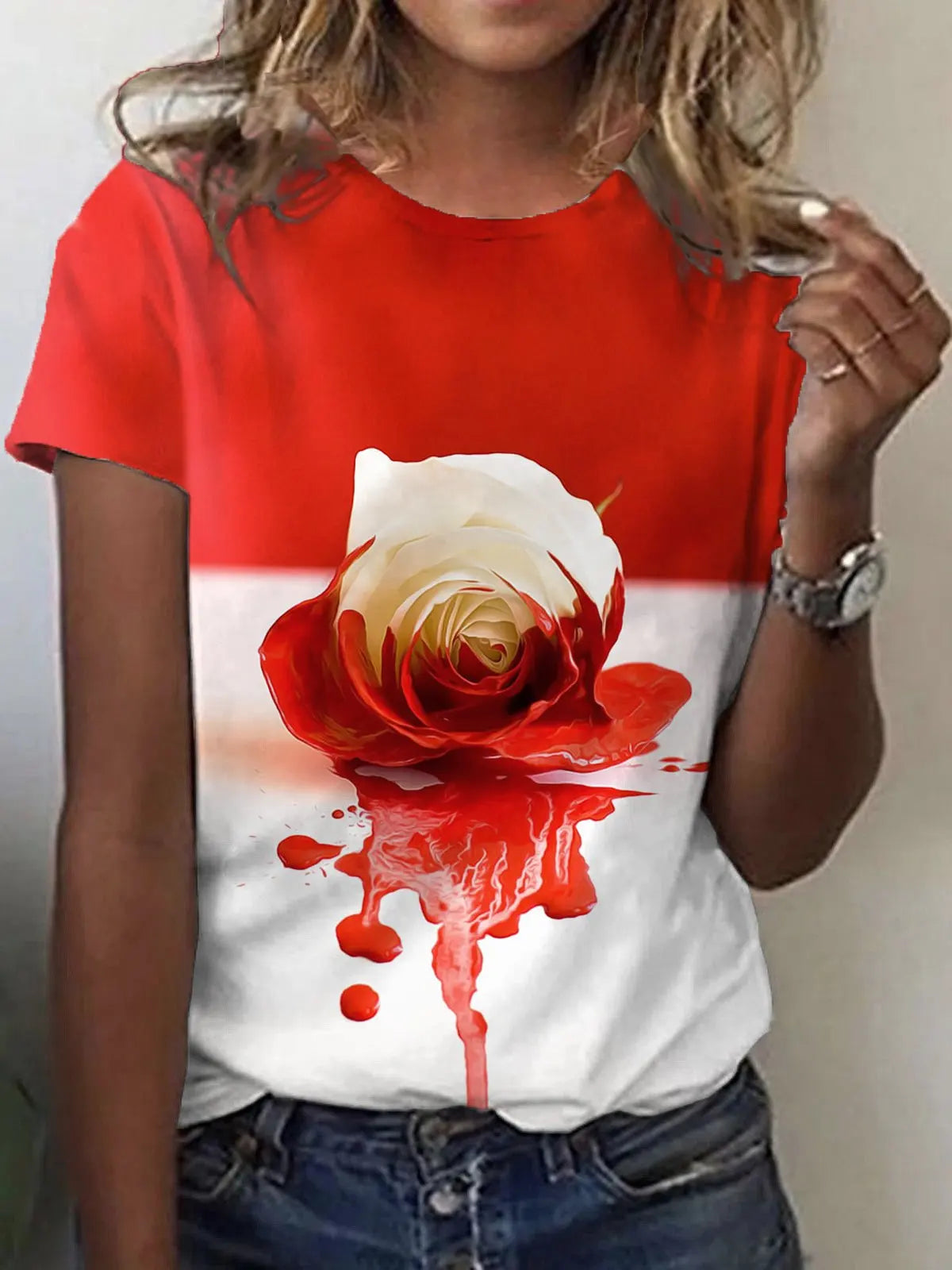 Women’s Halloween 3D Bloody Letter Print T-Shirt – Casual Short Sleeve Round Neck Top