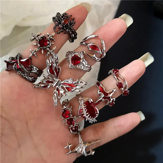 🖤 Gothic Red Crystal Heart Cross Ring Set – ❤️ Y2K Punk Geometric Open Rings for Women 💍