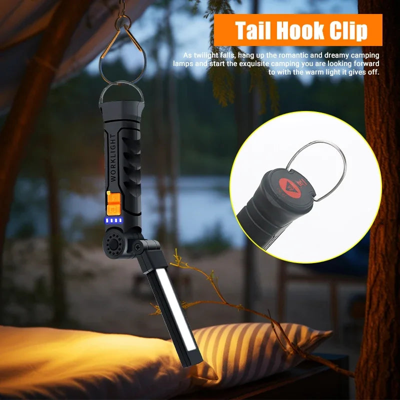 🔦 Portable COB LED Work Light – USB Rechargeable Flashlight with Magnetic Base, Hook & 360° Rotation