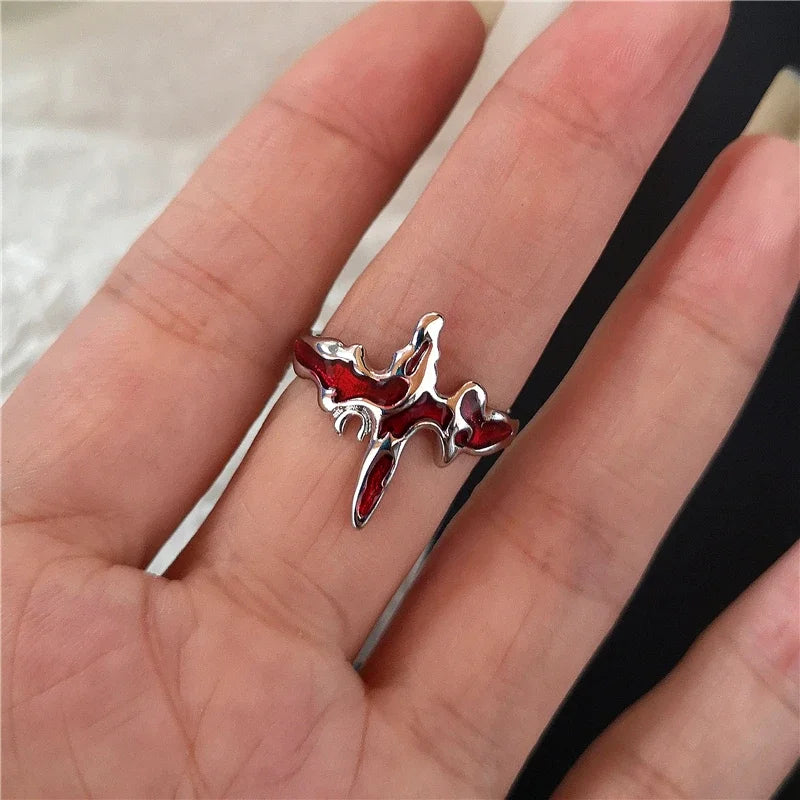🖤 Gothic Red Crystal Heart Cross Ring Set – ❤️ Y2K Punk Geometric Open Rings for Women 💍