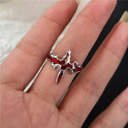 🖤 Gothic Red Crystal Heart Cross Ring Set – ❤️ Y2K Punk Geometric Open Rings for Women 💍