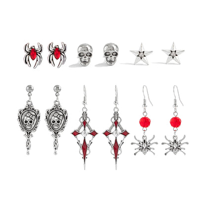 🖤 Gothic Halloween Drop Earrings Set – 6 Pairs Red Crystal Skull, Spider, Cross & Rose Earrings 🎃✨