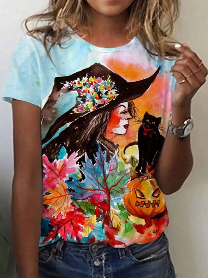 Women’s Halloween 3D Bloody Letter Print T-Shirt – Casual Short Sleeve Round Neck Top