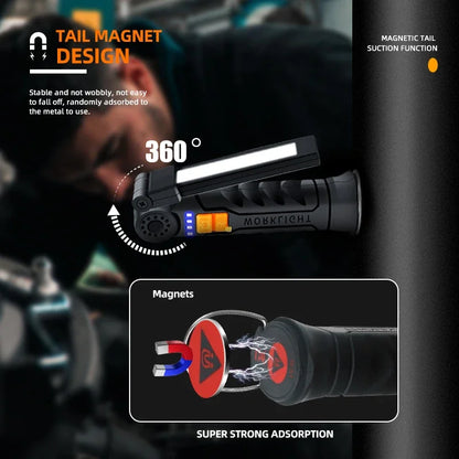 🔦 Portable COB LED Work Light – USB Rechargeable Flashlight with Magnetic Base, Hook & 360° Rotation
