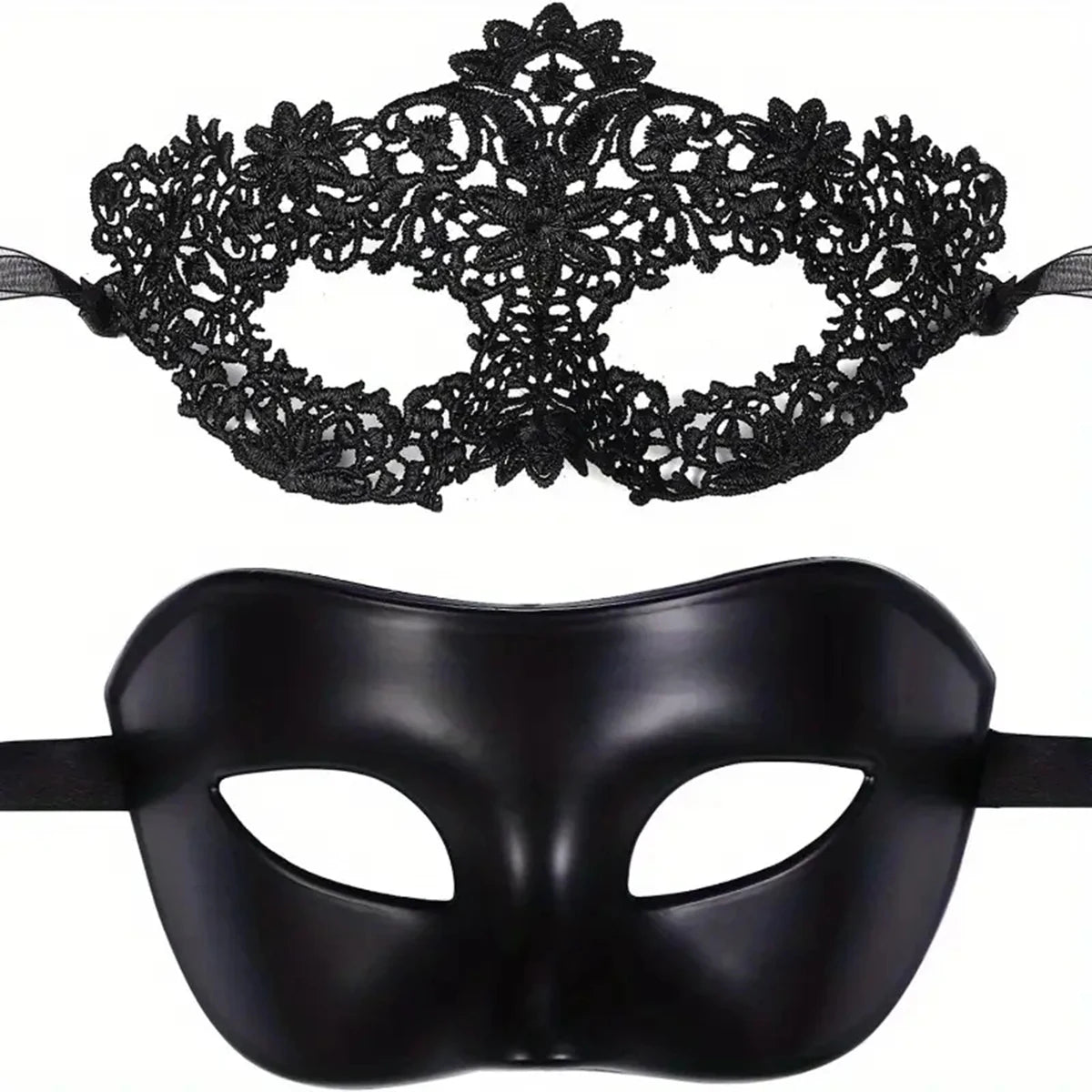 2-Piece Black Lace Masquerade Mask Set – Elegant Venetian Masks for Couples, Halloween & Costume Parties