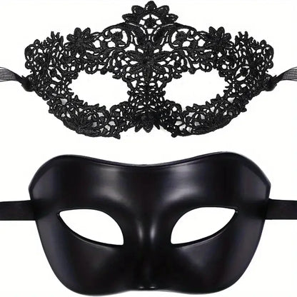 2-Piece Black Lace Masquerade Mask Set – Elegant Venetian Masks for Couples, Halloween & Costume Parties