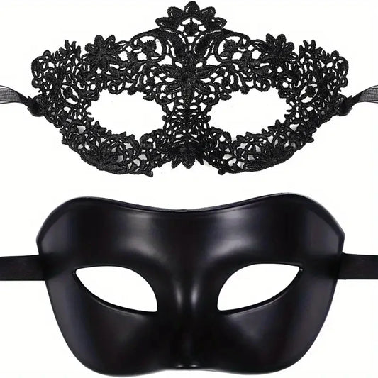 2-Piece Black Lace Masquerade Mask Set – Elegant Venetian Masks for Couples, Halloween & Costume Parties