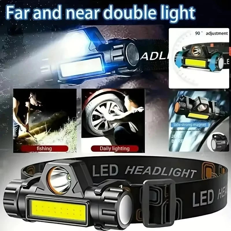 🔦 Rechargeable LED Headlamp – XP-G Q5 + COB, Adjustable Beam, Magnetic Base & USB Charging