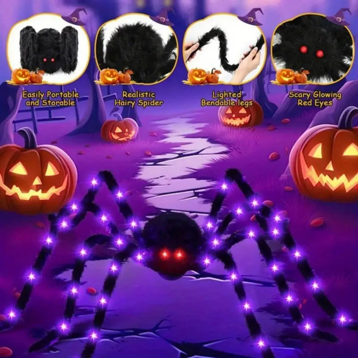 Halloween Giant Fuzzy Spider with Purple LED Lights – Large Light-Up Spider Decoration, Battery Powered, 8 Lighting Modes, Indoor & Outdoor