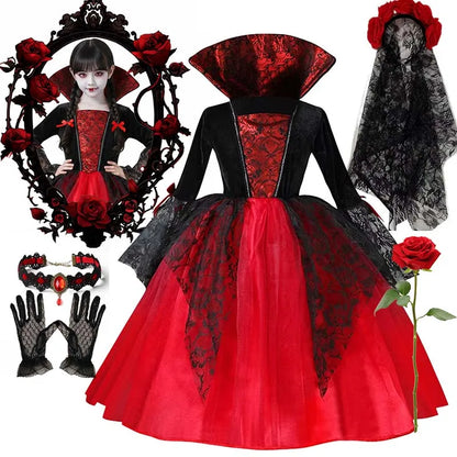 Kids Girls Gothic Halloween Costume – Red & Black Witch Vampire Dress with Wig & Veil