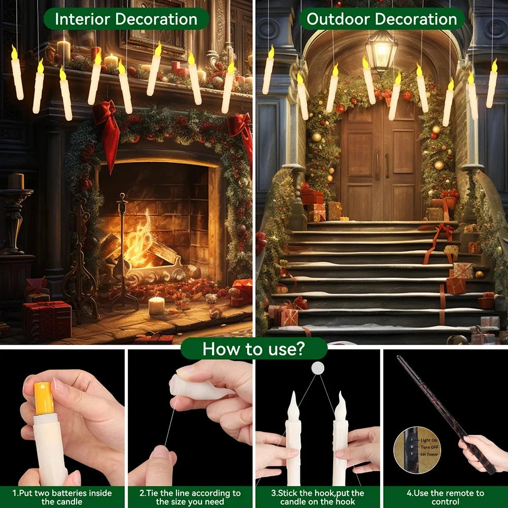 Floating LED Halloween Candles with Magic Wand – Flameless Flickering Hanging Candles 🕯️✨