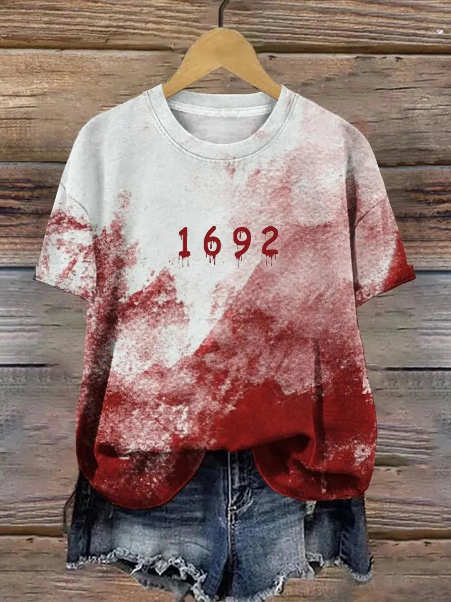 Women’s Halloween 3D Bloody Letter Print T-Shirt – Casual Short Sleeve Round Neck Top