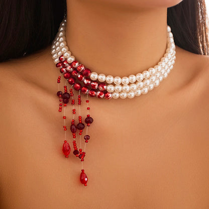 Vintage Gothic Blood Pattern Layered Necklace – Pearl &amp; Crystal Tassel Pendant 🩸🖤