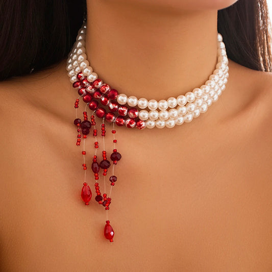 Vintage Gothic Blood Pattern Layered Necklace – Pearl &amp; Crystal Tassel Pendant 🩸🖤