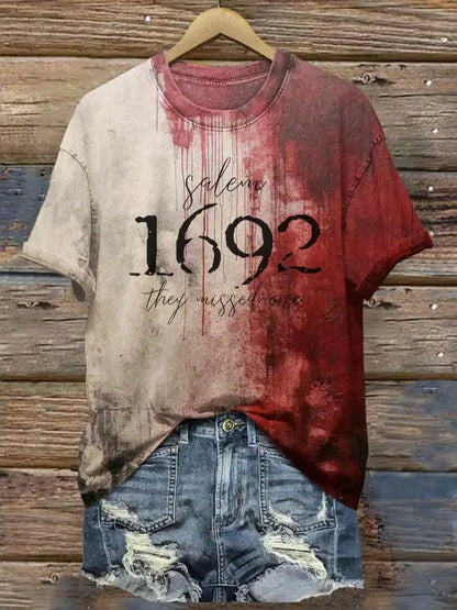 Women’s Halloween 3D Bloody Letter Print T-Shirt – Casual Short Sleeve Round Neck Top