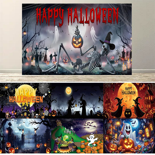 Halloween Pumpkin Skeleton Backdrop – Moon &amp; Ghost Party Decoration 🎃💀👻