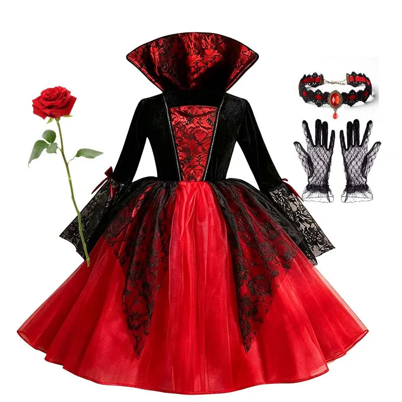 Kids Girls Gothic Halloween Costume – Red & Black Witch Vampire Dress with Wig & Veil