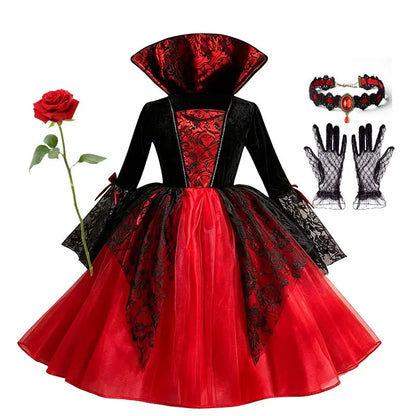 Kids Girls Gothic Halloween Costume – Red & Black Witch Vampire Dress with Wig & Veil