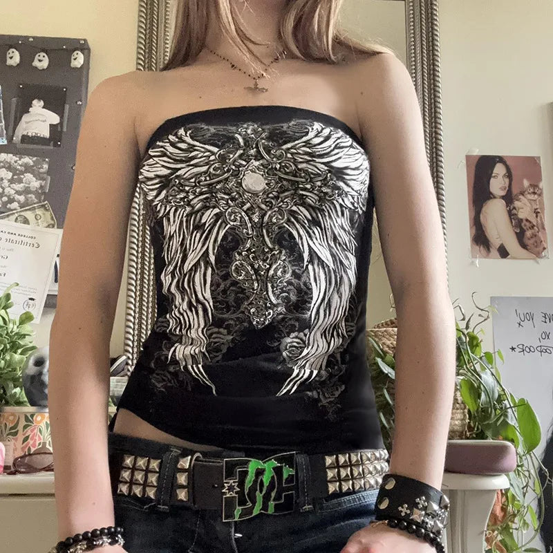 Women’s Gothic Graphic Strapless Tube Top – Black Cropped Y2K Streetwear Tank Top, Stretchy Summer Casual Vest