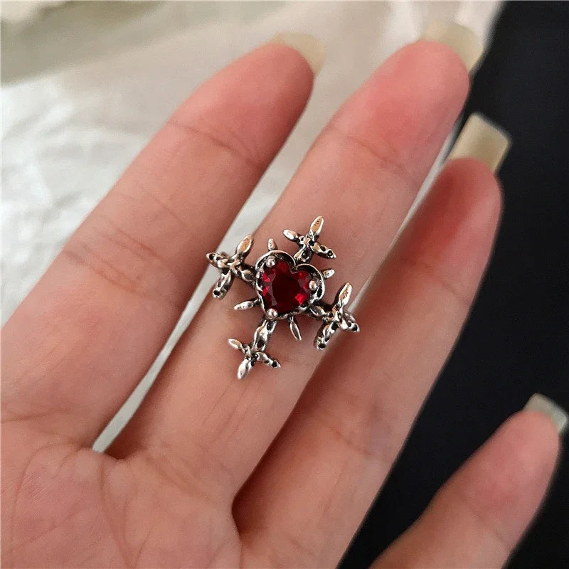 🖤 Gothic Red Crystal Heart Cross Ring Set – ❤️ Y2K Punk Geometric Open Rings for Women 💍