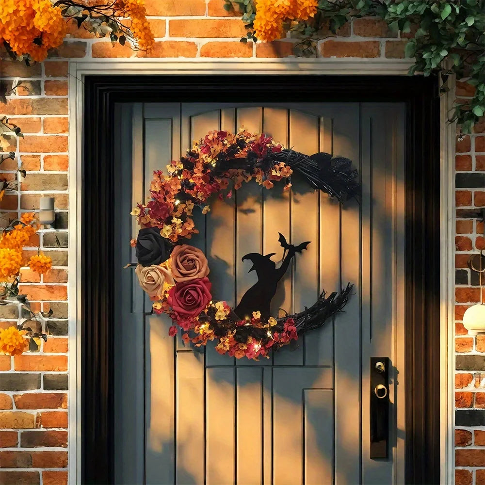 Gothic Halloween Wreath – Witch Cat Moon & Autumn Leaves Decor