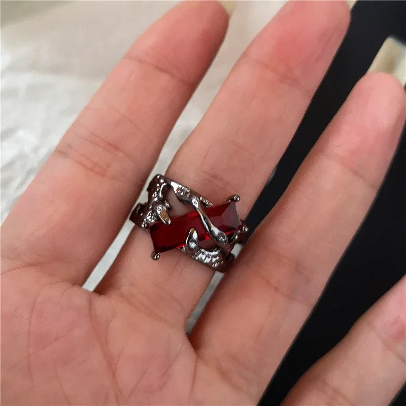 🖤 Gothic Red Crystal Heart Cross Ring Set – ❤️ Y2K Punk Geometric Open Rings for Women 💍