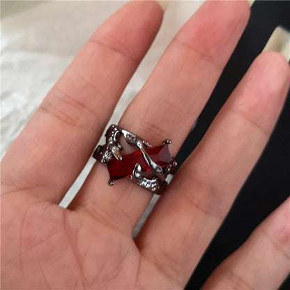 🖤 Gothic Red Crystal Heart Cross Ring Set – ❤️ Y2K Punk Geometric Open Rings for Women 💍