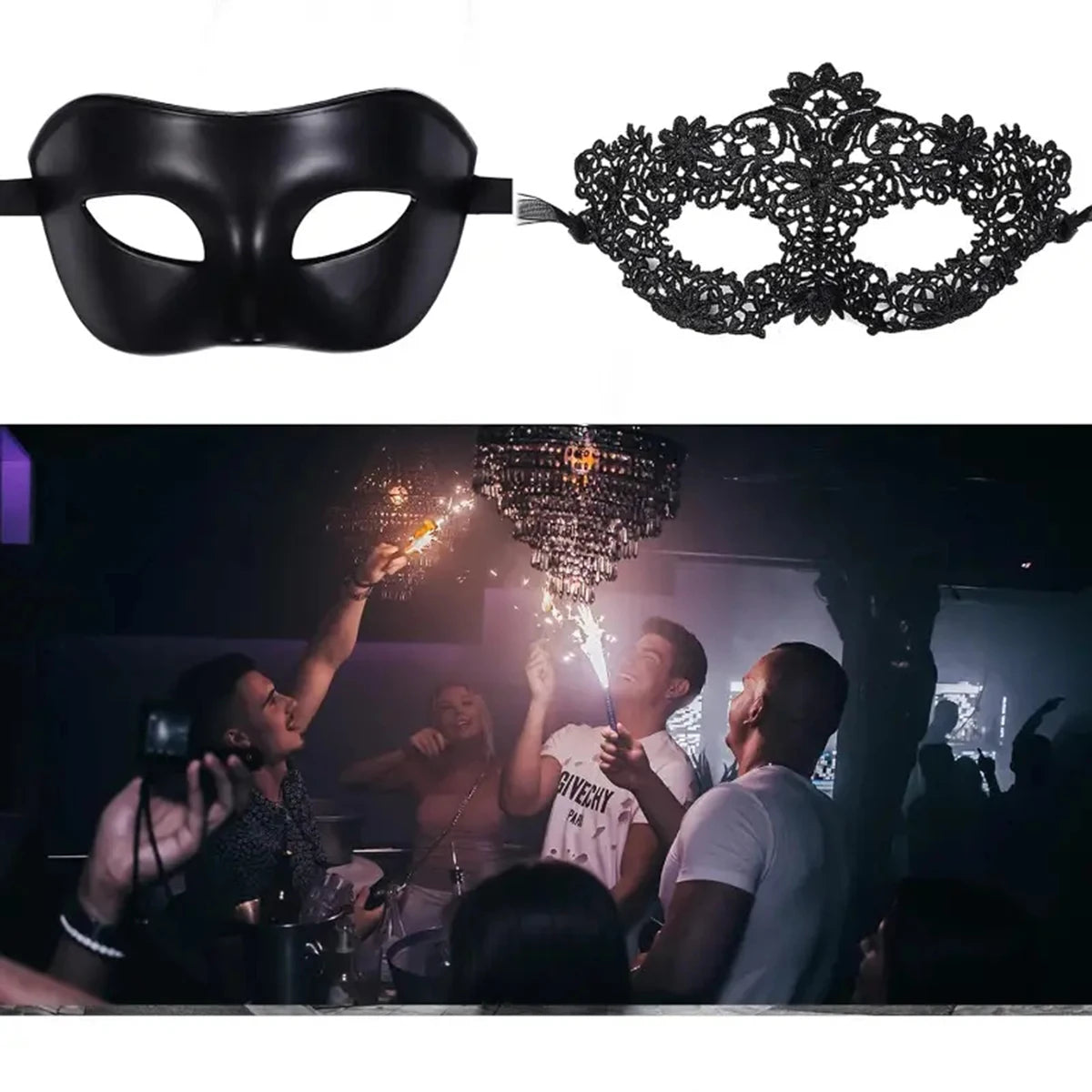 2-Piece Black Lace Masquerade Mask Set – Elegant Venetian Masks for Couples, Halloween & Costume Parties