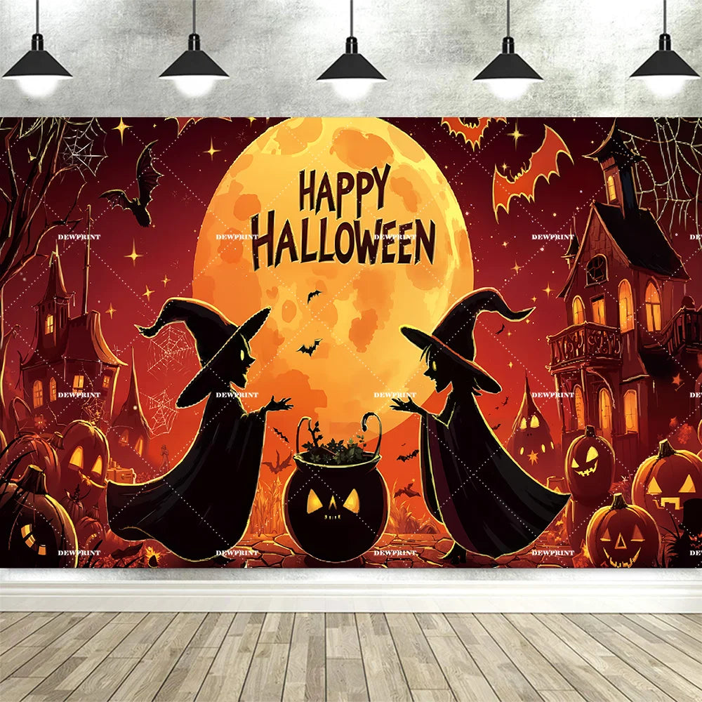 Halloween Pumpkin Skeleton Backdrop – Moon &amp; Ghost Party Decoration 🎃💀👻