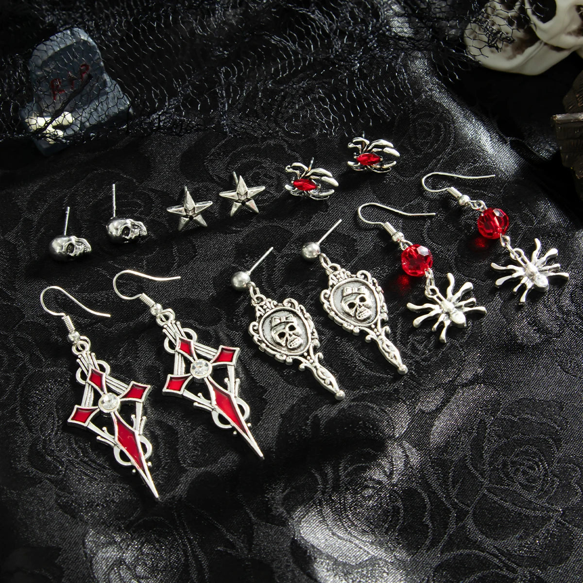 🖤 Gothic Halloween Drop Earrings Set – 6 Pairs Red Crystal Skull, Spider, Cross & Rose Earrings 🎃✨