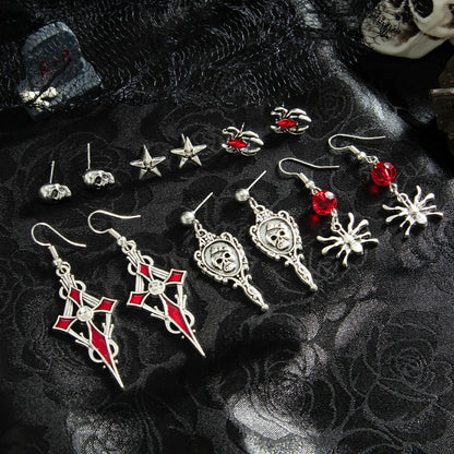 🖤 Gothic Halloween Drop Earrings Set – 6 Pairs Red Crystal Skull, Spider, Cross & Rose Earrings 🎃✨