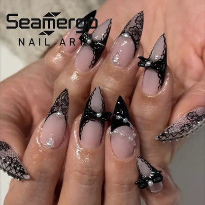 Black Bat Halloween Press-On Nails – Almond Reusable False Nail Tips 🦇🖤