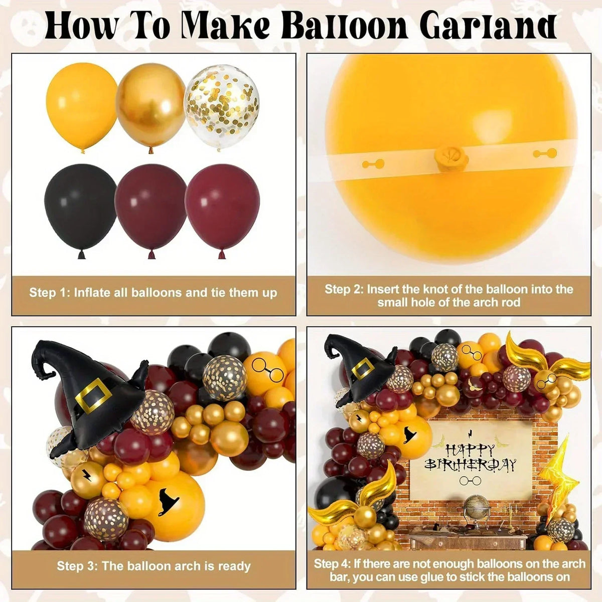 146PCS Magic School Balloon Arch Kit – Wizard Hat & Golden Snitch Balloon Garland for Birthday Parties, Halloween & Magical Celebrations