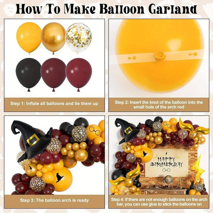 146PCS Magic School Balloon Arch Kit – Wizard Hat & Golden Snitch Balloon Garland for Birthday Parties, Halloween & Magical Celebrations