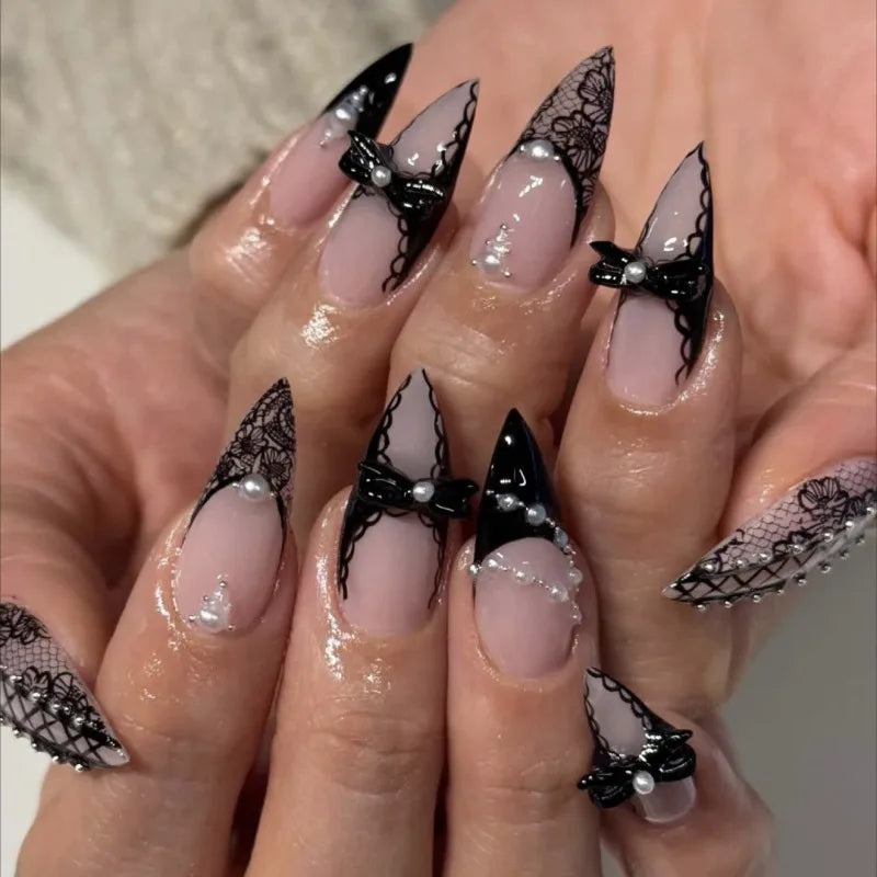 Black Bat Halloween Press-On Nails – Almond Reusable False Nail Tips 🦇🖤