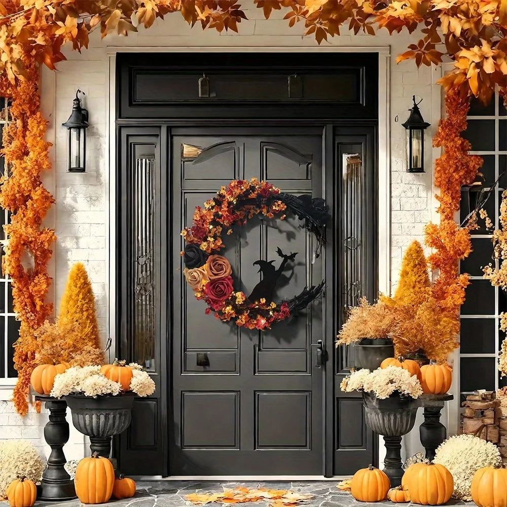 Gothic Halloween Wreath – Witch Cat Moon & Autumn Leaves Decor