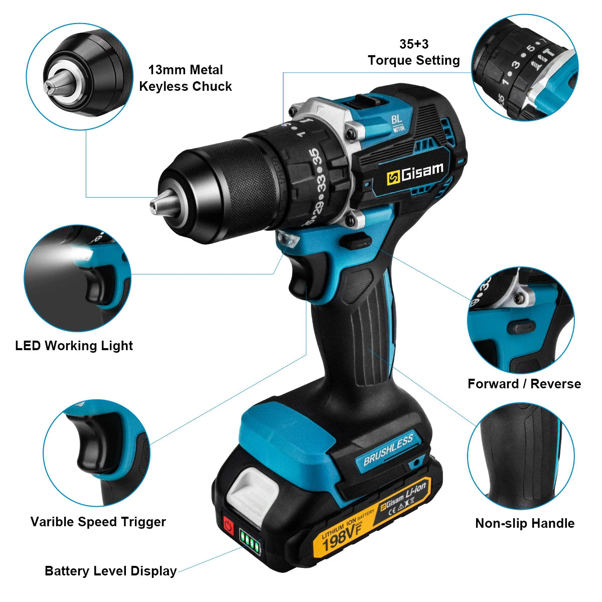 🔧 Gisam 18V Brushless Cordless Drill – 65N·m Torque, 13mm Chuck & 35+3 Settings